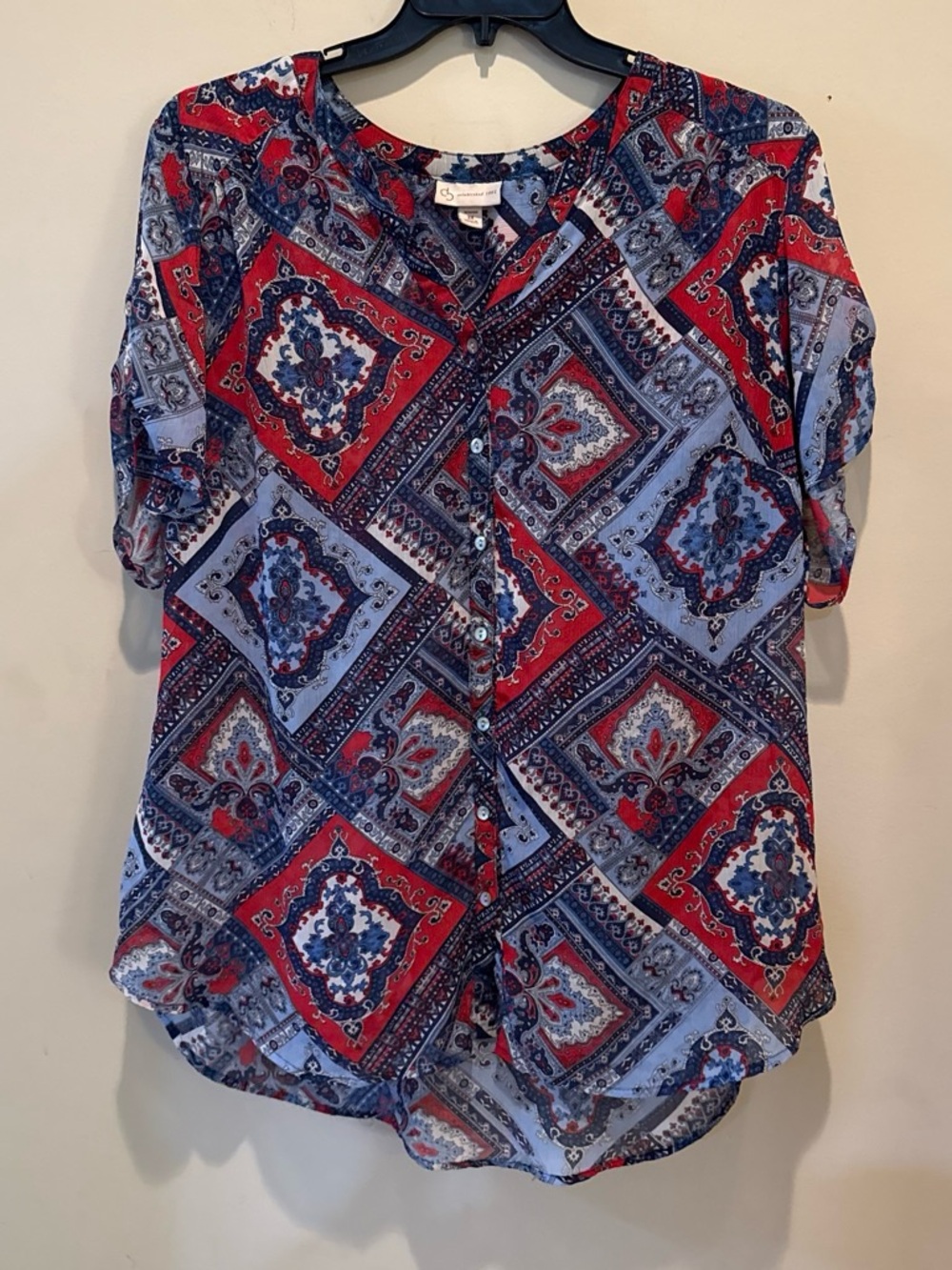 Printed Button-Front Blouse in Red and Blue